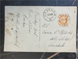 Julekort med pent stmpl. Haukhom i 1916 Vest-Agder