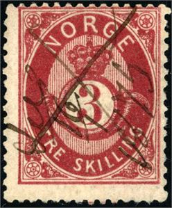 18. 3 skilling posthorn med håndskrevet "Selø 16/1 1875" (SF).