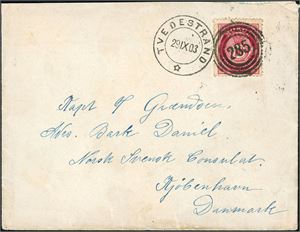 77. 10 øre Posthorn på konvolutt til Danmark, annullert med 4-rings "285" (Sagesund, Dypvaag, AA), og ved siden "Tvedestrand 29.11.03". Ankomststempel på baksiden.