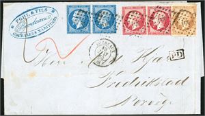 240 centimes postage to Norway. Two 20 c, one 40 c and teo 80 c on a dobbel weight entire to Fredrikstad, cancelled with number "441" with dots and "Bordeaux 19 Mai 60" cds at side. "Norwegian transitt "Sandøsund 26.5.1860" at reverse. The stamps with wide margins to cut into.
