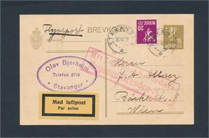 FLYPOST Oppfrankert 15øres brevkort stemplet "STAVANGER 30 VII 27" til Wien, Østerrike. Pent, utrop € 20 på en annen auksjon
