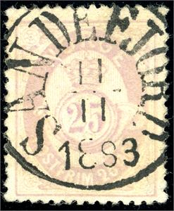 28. 25 øre skravert Posthorn, rettvendt fullstemplet "Sandefjord 11.11.1883".