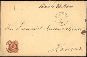 27. 20 øre skravert Posthorn på bankokonvolutt (Kr 40,-), stemplet "Garmo 7.5.1880".
