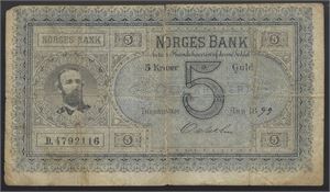 5 Kroner 1899 D, sign. Oxholm. Kv 2, tapet på midten*