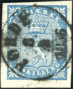 1. 4 skilling Våpen 1855, fullstemplet "Førde" i 1856. To gode- og normale marger.