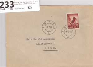 Brev NK 324 (20ø Skipsforlis) singel på pent brev st. Årnes 6-7-44, sendt til Oslo