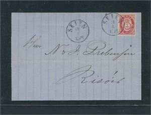 Pent brev med Nk 18 stemplet "SKIEN 18-5-1876" til Risøer
