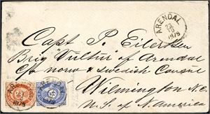 24,27. 25 øres porto til U.S.A. 5 øre- og 20 øre skravert Posthorn på konvolutt til Wilmington, stemplet "Arendal 23.10.1879. To amerikanske stempler på baksiden.