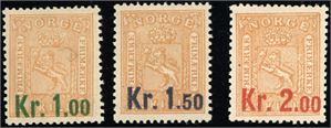 85 I/87 I. Kroneprovisorier 1905 i komplett serie. Noe "pepper" i limet på 1 1/2 kronen. (7.900,-).