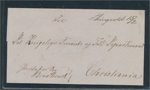 Håndskrevet "THINGVOLD 15/2". Pent stemplet "MOLDE 17-2-1854" bak. Til Christiania, flott brev