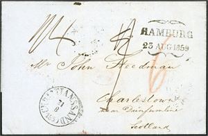 Komplett brev, stemplet "Christianssand 21.8.1859" og Hamburg-butterfly-stempel. Baksiden med "KDOPA Hamburg", "London", "Stirling" og ankomststempel "Dunfermline Au 26 1859".