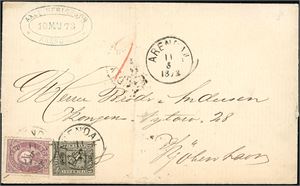 11,19 Ic. 5 skillings porto til Danmark. 1 skill 1 og 4 skilling Posthorn på brevomslag til Kjøbenhavn, stemplet "Arendal 11.5.1873". "Chr-Sand-Fr.Havn 11.5.1873" og ankomststempel på baksiden.