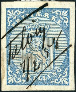 1. 4 skilling Våpen 1855, annullert med håndskrevet "Talvig 7/2 58". Meget brede marger. Attest FCM sier: "Merket viser ved kotroll avvasket blekk-kryss som kan indikere at opprinnelig annullering har vært fjernet og merket brukt 2 ganger".