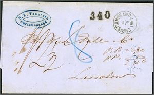 Komplett ufrankert brev, stemplet "Christianssand 9.8.1867" og sent til Lisboa, Portugal. Påstemplet portugisisk portotall "340" på forsiden. Baksiden med "Sandøsund", "London" og ankomststempel. Brevet med en ørliten rift oppe.