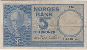 5 kroner 1956 Z.0058144. Erstatningsseddel. RR. Kv.1
