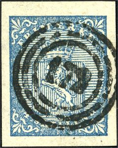 1. 4 skilling våpen 1855, anert med nummerstempel "172" (Laurvig, t.2). God marger.