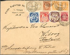 Spitsbergen nr 2,Spitsbergen E 5,E 7. Six norwegian posthorn stamps together with Spitzbergen stamps and two Spitzbergen-labels on envelope from "Finska Ångfartygs Aktiebolag S/S Virgo, Kapten L. Laurent", cancelled "Advent Bay Spitsbergen 17.8.99" and sent to Wiborg, Finland. "Turku" and arrival-postmark at reverse. S/S Virgo was previously used as a suply-ship for the Andreé Expedition. This cover was sent from the trials of the icebreaker Yermak from Spitsbergen.