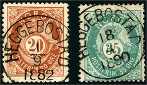 27,29 a. 20 øre skravert Posthorn og 35 øre i flott sjøgrønn nyanse, begge stemplet "Hegebostad" i hhv. 1882 og 1890.