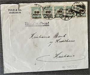 REICH-INFLASJONSBREV Brev til Kristiania fra Pforzheim med 5x Mi 319B. Gyldig portosats 4 virkedager. Rift i øvere kant