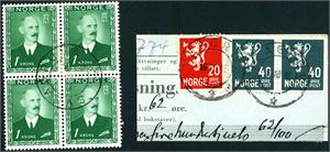 350. 1 krone Haakon 1946 i 4-blokk, stemplet "Sveagruva 1.8.49" samt et lite klipp fra Postanvisning med en 20 øre- og to 40 øre Løve, annullert med samme stempel "16.10.46".