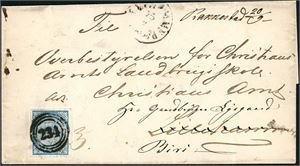 1. 4 skilling våpen 1855 på komplett brev, anert med nummerstempel "234" (Rakkestad, ØF) og ved siden håndskrevet "Rakkestad 20.9". Ved siden ankomst- og transittstempel "Lillehammer 25.9.1855". Merket med normale marger.