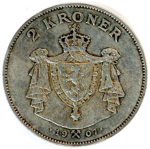 2 kroner Jubileum 1907 med geværer. 1/1+