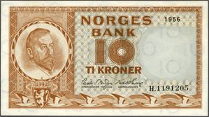 10 kroner 1956, serie H.1191205. 01