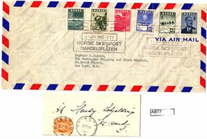 NORSK SKIPSPOST HANDELSFLÅTEN Brev til New York stemplet "1 - JAN 1943 - 122". Medfølger brev i visittkortformat stemplet "GRIMSTAD 28 VI 11"