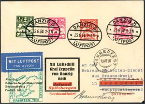 Danzig. Four stamps on card, cancelled "Danzig 5 Luftpost 23.6.30" and sent with "Graf Zeppelin Nordland-Fahrten 1930". "Hammerfest 10.7.30" cds at side. The card printed "mit Luftschiff Graf Zeppelin von Danzig nach Island Spitzbergen Nordlandsfahrt".