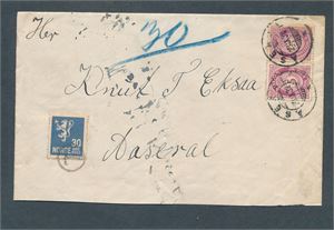 Brev med 2x Nk 118 stemplet "ÅSERAL 23 IX 32", satt i porto med 30øre Nk 148 som er T-stemplet. Brevet mangler klaff bak