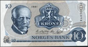 10 kroner 1981, serie HA 0300234. Erstatningsseddel. 0/01 *