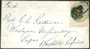8,14,55. GB. One letter franked with a 1/- Embossed, cancelled "255" ("Doncaster Mr 20 1856" at reverse) and sent to Lagos, Western Africa. (Cert BPA). Also a coverfront franked with two 1/- Embossed (Horizontal crease through the upper part of the stamps) together with one 1d and one 2d (cut at bottom) and sent to Vera Cruz, Mexixo in 1850.