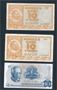 PENGESEDLER  10kr 1961, 1962 og 1984. Sirkulert