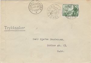 Kronet Posthorn SVARTSKARD (NO / 5) Greie avtrykk på trykksakbrev frankert med NK 360, sidest. Lødingen-Svolvær SL -4.I.48