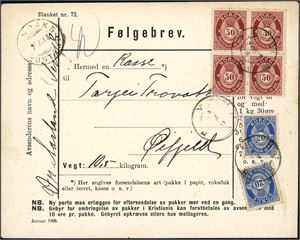83,79. 240 øres innenlandsporto. 50 øre fintagget Knudsen i 4-blokk og to 20 ører på følgebrev, stemplet "Vinje" og ved siden "Bandaks Postexp. 24.11.08".