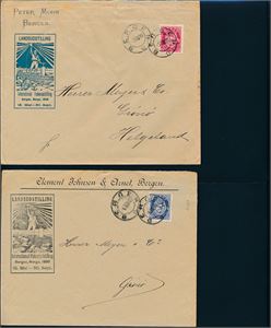 Nk 68 og 69 på hver sin flotte logokonvolutt "Landsutstillingen Bergen 1898". Begge stemplet i Bergen.