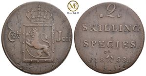 2 skilling 1833 Carl XIV Johan. Kv.1+