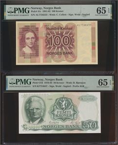 Lott med 100 Kroner 1982 AL og 50 Kroner 1980 K. Begge PMG 65 EPQ