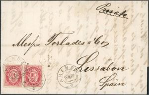 37 I. 10 øre Posthorn 1882 i horisontalt par på komplett brev til Lissabon, Spania, stemplet "Arendal 15.11.82". Ankomststemplet i Portugal på baksiden.