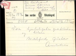 Congratulatory telegram sent to Hjalmar Riiser-Larsen, pilot on Roald Amundsen’s 1925 attempted North Pole flight with the N24 and N25 flying boats. Gustav Amundsen was Roald Amundsen’s brother (with wife Malfred). In Norwegian "We send you the best congratulations". Also a postcard showing the flying boat "N 25".