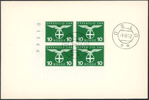 T 50. 10 øre Solkors i 4-blokk på kort, stemplet "Oslo 1.10.42".