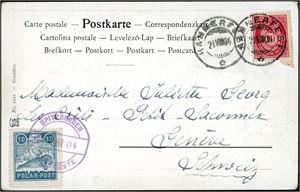 77,Spitsbergen E 5. 10 øre Posthorn på "Wieland"-postkort, stemplet "Hammerfest 21.8.04" og ved siden påsatt en 10 øre Polar Post-etikett som er stemplet "Spitzbergen", og sendt til Sveits.