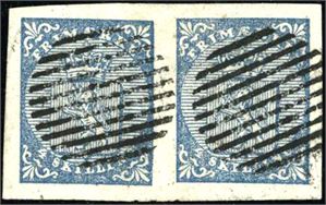 1. 4 skilling våpen 1855 i horisontalt par, annullert med riststempel. Gode marger i alle sider. pos. C 24,25.