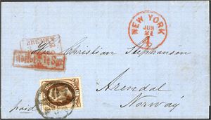 150. U.S.A. 10 c 1870/71 on entire to Arendal, Norway, cancelled with a "Star".  "New York Jun 21 4", "Bremen", Weiterfr 1 1/2" postmarks, all in red at side. Norwegian ship postmark "Hmrfst C. Hmbrg 5.7.1873" at reverse. Cert. PF.