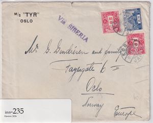 Japan Brev stemplet Kobe 8-8-33 påstemplet "Via SIBERIA"  til Oslo.   Logo M/S "Tyr" på konvolutten.  Ank.st. Oslo 24.8.33