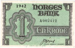 1 krone 1942 A.002412 London Utg. Kv.01