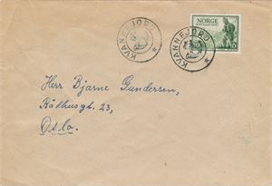 Kronet Posthorn KVANNFJORD (Finnmark) (7 pkt i NK Postal III). Pene avtrykk på trykksakbrev frankert med NK 360.