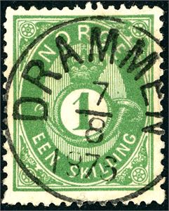 16 II. 1 skilling Posthorn, pent fullstemplet "Drammen 7.8.1876".