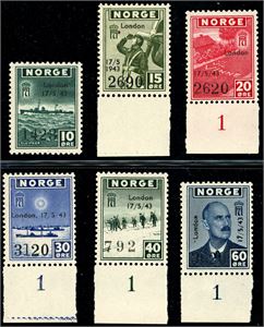 333/38. Londonmerkene med overtrykk i komplett serie. 10 øren er garantistemplet "Ekte OFK", de andre med arkrand nede, hvorav 4 med sylindertall "1".