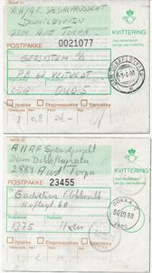 Hjelpestempel Dam Dokkfløyvatn 3-6-88 (Hj.St) (Op)  på pakkekvitttering , artig bruksobjekt.